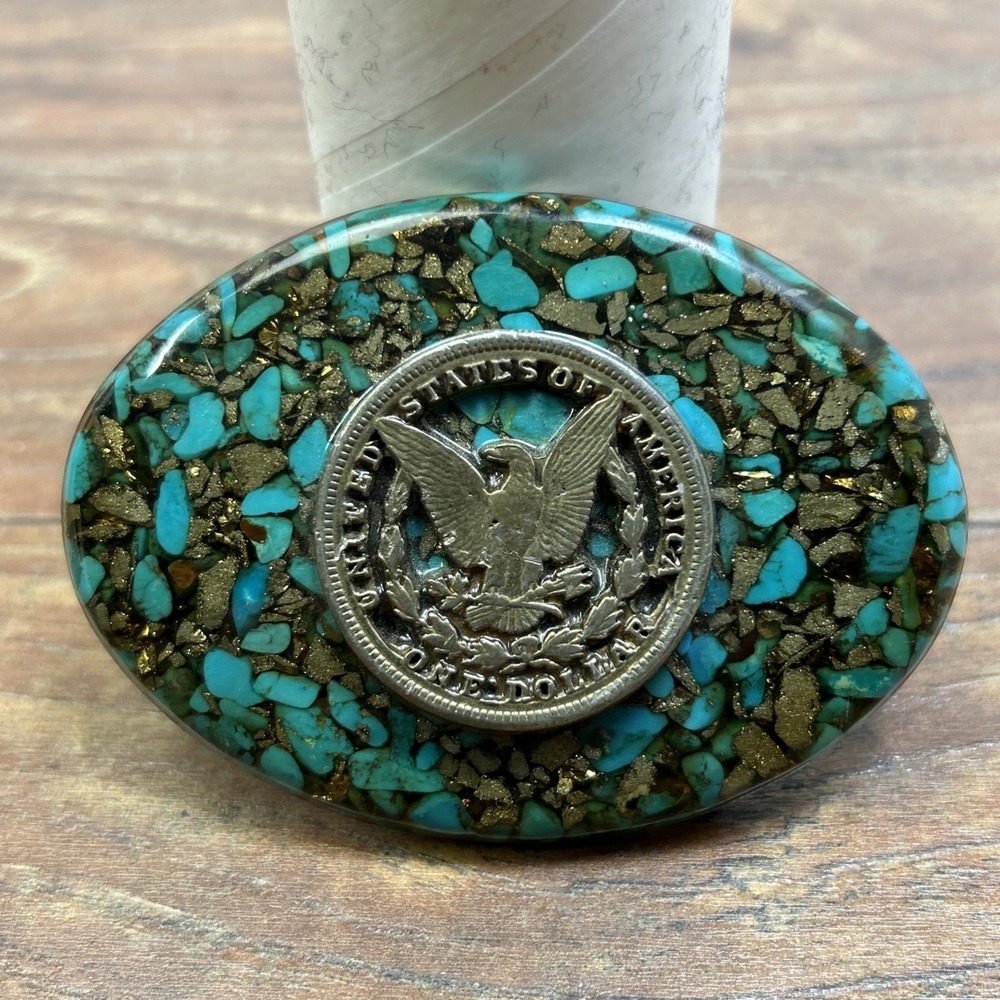 Turquoise Chip Inlay US Dollar Eagle Oval Belt Buckle Brass Southwestern
